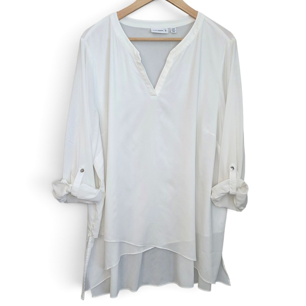 Susan Graver Tunic Blouse Top 24WP Plus Petite White Roll Tab Sleeve Layered Hem